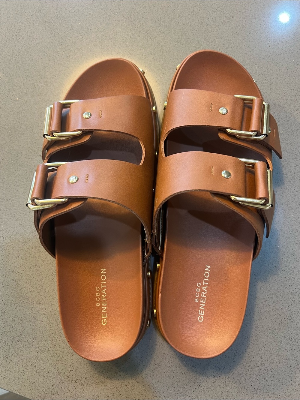 BCBGeneration Brown Double Buckle Slide Sandals with Gold Hardware - Picture 4 of 6